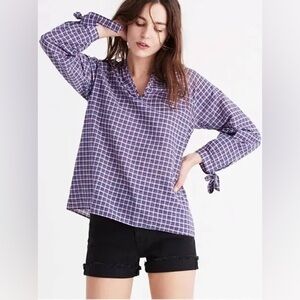 Women's Madewell Plaid Tie Sleeve Popover Top, Size Small - Blue linen/cotton